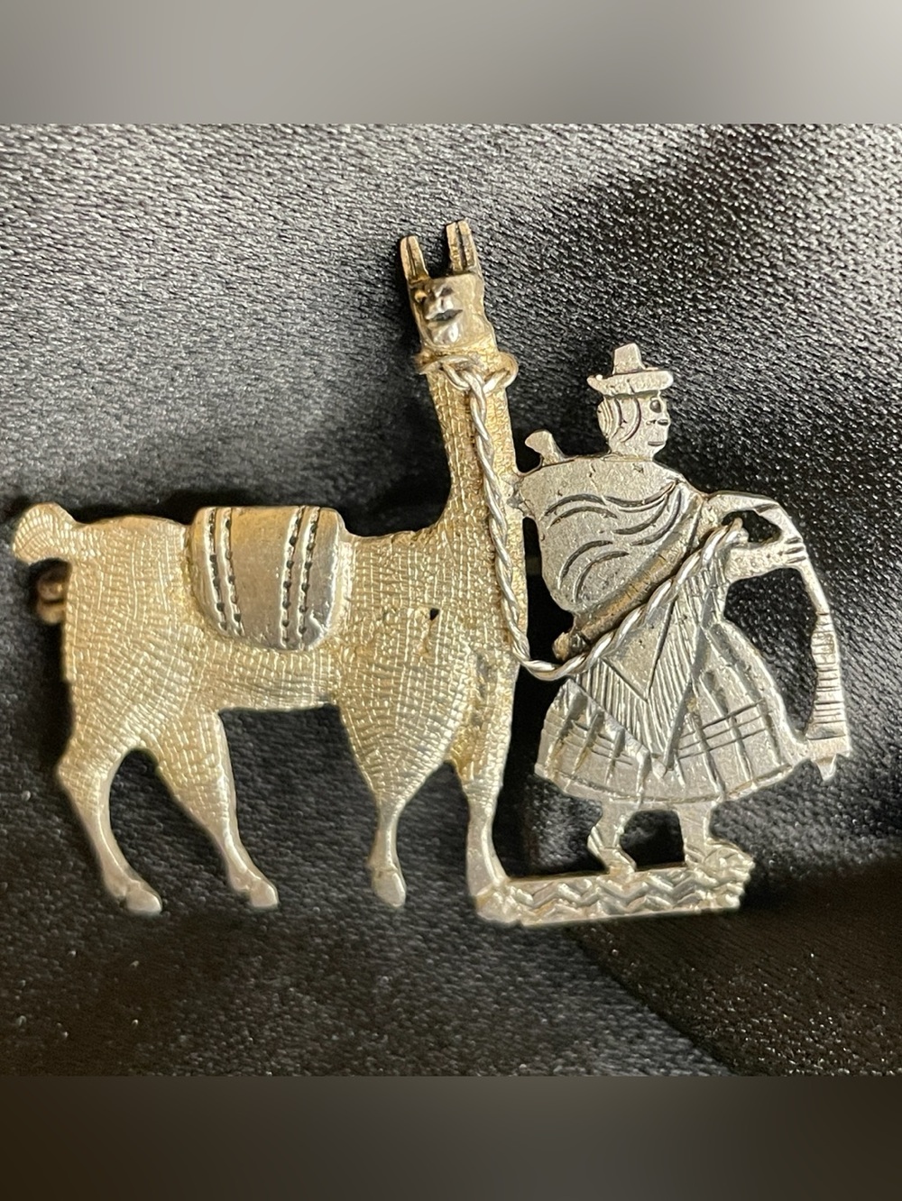 VINTAGE Silver Tone Peruvian Llama and Shepherd Brooch